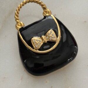 Purse  brooch-Gold tone handbag brooch-Black enamel & crystal embelishments
